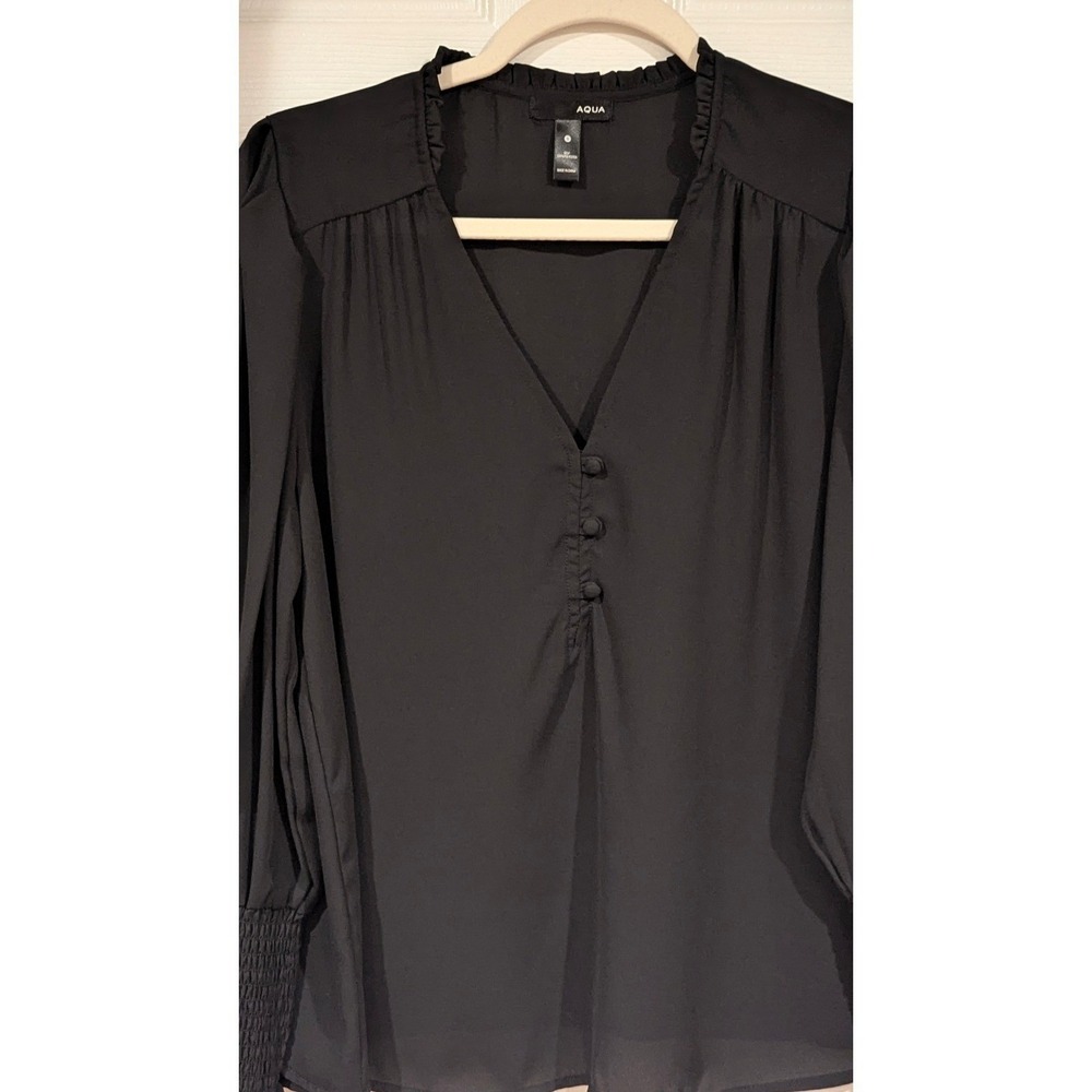 Aqua V-Neck Blouse Small Black Smocked Cuff Ruffle Button Front Office Chic - Picture 3 of 7